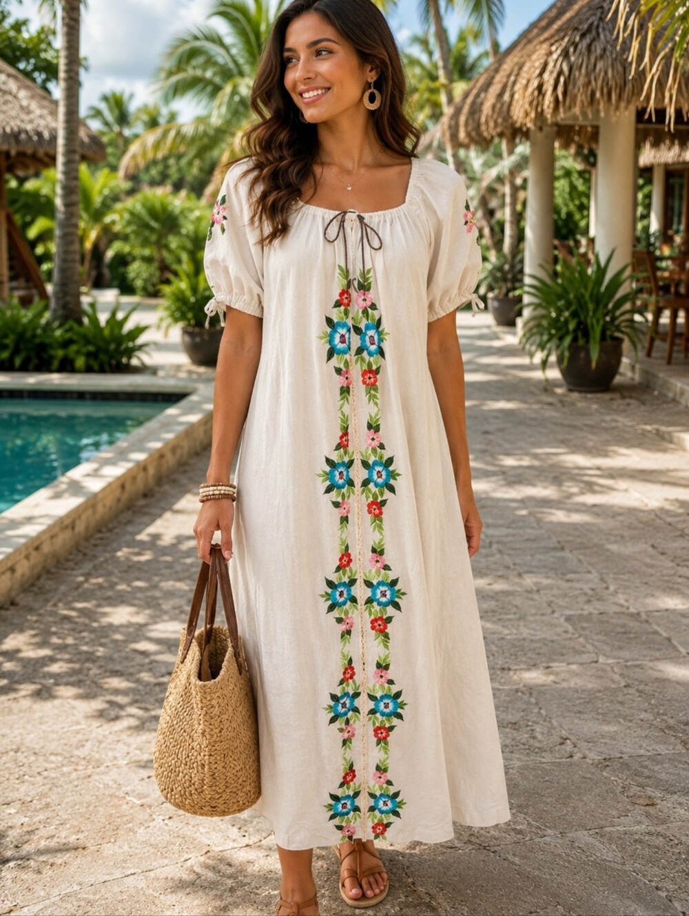 Artsy Embroidered Hand Made Beige Floral Sz G/L Women's Tunic Dress #W3